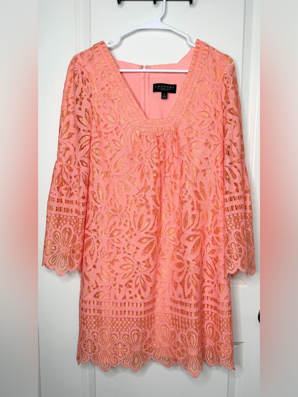 Laundry by Shelli Segal Womens 6 Coral Lace Dress Floral Crochet Sheath Midi